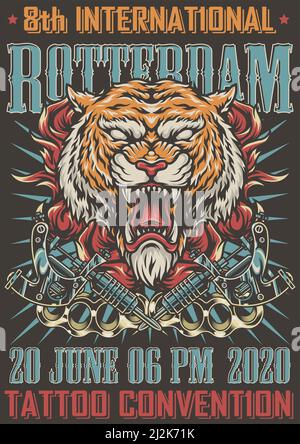 Rotterdam tatouage convention affiche colorée avec tête de tigre cruelle en colère au feu, des machines de tatouage croisées et des porte-fusées en laiton dans le millésime vecteur de style ill Illustration de Vecteur