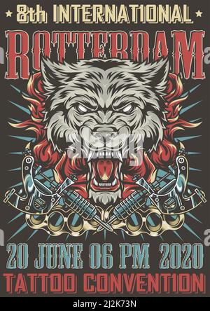 Affiche trop colorée de tatouage vintage avec tête de loup effrayante en colère dans les flammes de feu, les machines de tatouage croisées sont des fusées en laiton illustration vectorielle Illustration de Vecteur