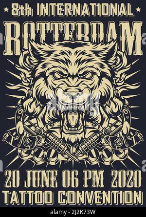 Tatouage dans l'affiche monochrome de Rotterdam avec cruel loup en colère tête croisée tatouage machines cuivre porte-fusées rayons dans le style vintage illustration vectorielle Illustration de Vecteur