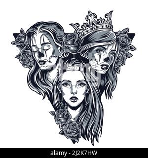 Concept triangulaire de jolies filles chicano en casquette de baseball royale couronne et belles fleurs roses dans un style monochrome vintage isolé illustrateur vectoriel Illustration de Vecteur