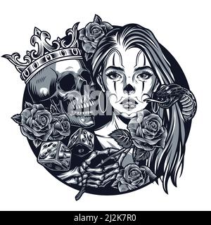 Vintage chicano tatouage concept rond avec belle fille crâne dans couronne serpent dés squelette main tenant rose fleur vecteur isolé illustration Illustration de Vecteur