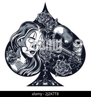 Coeur en forme vintage chicano tatouage concept de belle fille crâne argent pack revolver roses et les porte-fusées en laiton illustration vectorielle isolée Illustration de Vecteur