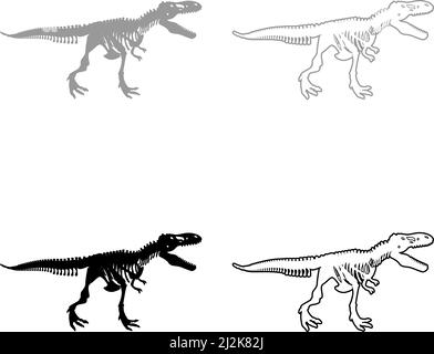 Squelette de dinosaure os de tyrannosaurus rex silhouettes ensemble icône gris noir couleur vecteur illustration image simple remplissage Uni contour ligne mince Illustration de Vecteur
