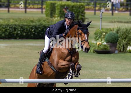 Wellington, Floride, États-Unis. 2nd avril 2022. Battez Mandli à cheval Dsarie pendant le Grand Prix Rolex CSI5 $500 000 à Derby Field, dans le village équestre. Saut CSI5. Grand Prix équestre. Credit: Yaroslav Sabitov/YES Market Media/Alay Live News. Banque D'Images