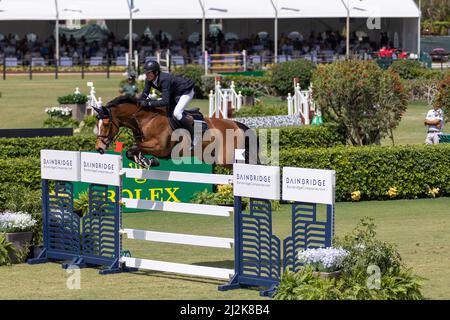 Wellington, Floride, États-Unis. 2nd avril 2022. Battez Mandli à cheval Dsarie pendant le Grand Prix Rolex CSI5 $500 000 à Derby Field, dans le village équestre. Saut CSI5. Grand Prix équestre. Credit: Yaroslav Sabitov/YES Market Media/Alay Live News. Banque D'Images