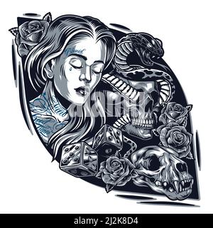 Vintage chicano tattoo modèle avec jolie femme crâne de chat dés de fleurs de rose et serpent entreminés avec le vecteur isolé du crâne illustration Illustration de Vecteur