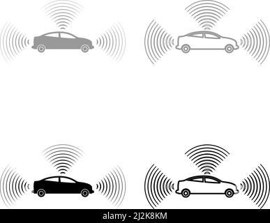 Voiture radio signaux capteur technologie intelligente pilote automatique toutes les directions définir icône gris noir couleur vecteur illustration image simple fond plein contour Illustration de Vecteur