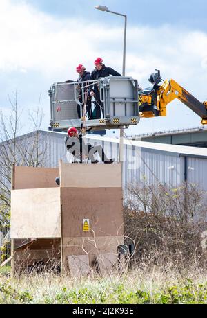 Grays, Thurrock, Royaume-Uni 2 avril 2022 Arrêt des manifestants pétroliers pour bloquer les routes au dépôt pétrolier de Thurrock. Quatre manifestants ont grimpé à bord d'un pétrolier se fixant sur le toit avec des écluses tandis qu'un autre groupe a créé une structure en bois qui couvrait un tunnel creusé sous la route. Un homme a été enlevé du sommet de la structure en bois et arrêté. La structure a ensuite été retirée et l'équipe du tunnel a commencé à travailler à la dépose des tunneliers. Crédit : Denise Laura Baker/Alay Live News Banque D'Images