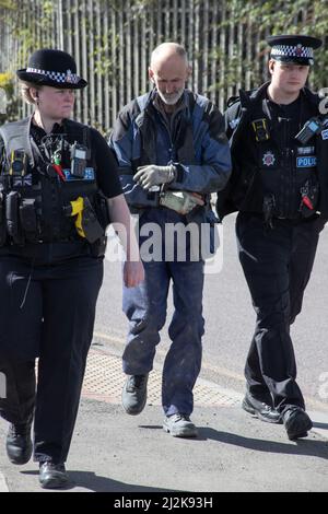 Grays, Thurrock, Royaume-Uni 2 avril 2022 Arrêt des manifestants pétroliers pour bloquer les routes au dépôt pétrolier de Thurrock. Quatre manifestants ont grimpé à bord d'un pétrolier se fixant sur le toit avec des écluses tandis qu'un autre groupe a créé une structure en bois qui couvrait un tunnel creusé sous la route. Un homme a été enlevé du sommet de la structure en bois et arrêté. La structure a ensuite été retirée et l'équipe du tunnel a commencé à travailler à la dépose des tunneliers. Crédit : Denise Laura Baker/Alay Live News Banque D'Images