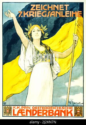 Une affiche publicitaire austro-hongroise du début du siècle 20th de la première Guerre mondiale, 1914-1918, représentant l'empire austro-hongrois, tenant un drapeau.Text annonce la septième commande d'obligations de guerre. L'artiste était Thomas Fasche. Banque D'Images