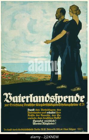 Une affiche publicitaire allemande du début du siècle 20th de la première Guerre mondiale, 1914-1918, montrant une figure féminine représentant l'Allemagne, avec une main sur l'épaule d'un homme, et l'autre se tournant vers une station balnéaire. Le texte est une invitation au Fonds Fatherland pour la construction de maisons de loisirs où les anciens combattants handicapés peuvent se rétablir. L'artiste est Louis Oppenheim (1879-1936) Banque D'Images