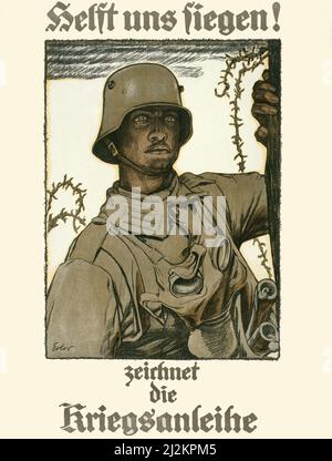 Une affiche publicitaire allemande du début du siècle 20th de la première Guerre mondiale, 1914-1918 montrant une affiche montre un soldat allemand, avec un masque à gaz suspendu de son cou, regardant dans la distance. Le texte lit: Aidez-nous à triompher! Abonnez-vous au prêt de guerre. Artiste inconnu. Banque D'Images