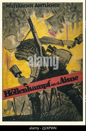 Une affiche publicitaire allemande du début du 20th siècle datant de la première Guerre mondiale, 1914-19181914-1918, montrant une vue latérale d'un soldat allemand en bataille. Son fusil est suspendu sur son épaule et il a des grenades dans chaque main; un sac de grenades est également suspendu de son épaule. Flammes (?) entourez-le. Texte est le titre du film par le Militärisch Amtlicher (?) Sur la bataille de l'Aisne. L'artiste est Hans Rudi Erdt (1883-1918) Banque D'Images