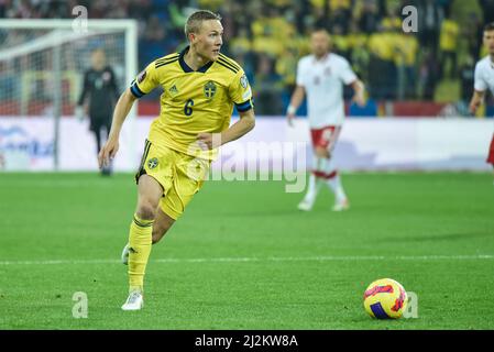 CHORZOW, POLOGNE - 29 MARS 2022: Coupe du monde de la FIFA 2022 qualifications play-off match POLOGNE - SUÈDE 2:0. En action Ludwig Augustisson. Banque D'Images