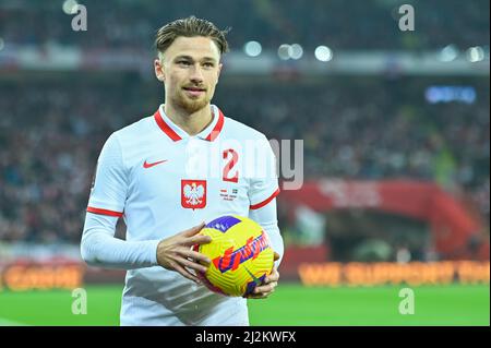 CHORZOW, POLOGNE - 29 MARS 2022: Coupe du monde de la FIFA 2022 qualifications play-off match POLOGNE - SUÈDE 2:0. En action Matty Cash. Banque D'Images