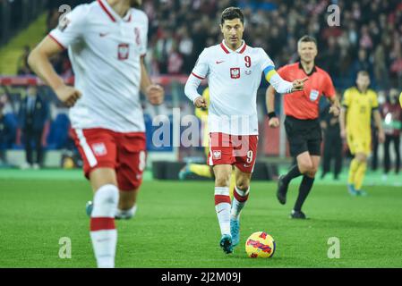 CHORZOW, POLOGNE - 29 MARS 2022: Coupe du monde de la FIFA 2022 qualifications play-off match POLOGNE - SUÈDE 2:0. En action Robert Lewandowski. Banque D'Images