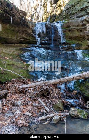 Photo verticale d'une chute d'eau gelée dans Little Grand Canyon, forêt nationale de Shawnee, Illinois, États-Unis Banque D'Images