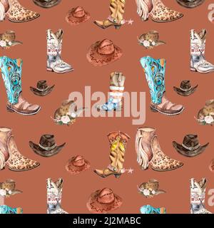 Bottes de cowboy et chapeaux de cowboy motif arrière-plan dans un rouge de cuivre, corail, turquoise nuances pour les éléments de conception de pays-Ouest. Banque D'Images