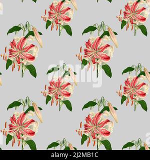 Motif de fleurs Lily arrière-plan un motif sans couture avec fond gris clair et des lilas vintage. Banque D'Images