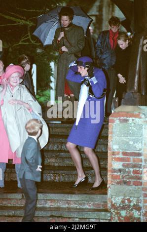 HRH la princesse de Galles, la princesse Diana, à Sandringham pour le service traditionnel de l'église et la réunion de famille royale, un jour de Noël très venteux 1990. Photo prise le 25th décembre 1990 Banque D'Images