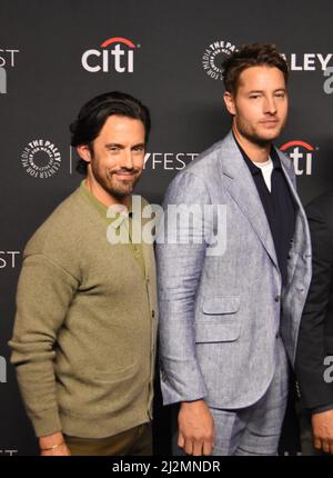 Hollywood, Californie, États-Unis 2nd avril 2022 l'acteur Milo Vintimiglia et l'acteur Justin Hartley assistent au Paleyfest annuel 39th du Paley Center for Media, « c'est nous », au Dolby Theatre, le 2 avril 2022 à Hollywood, Californie, États-Unis. Photo de Barry King/Alay Live News Banque D'Images