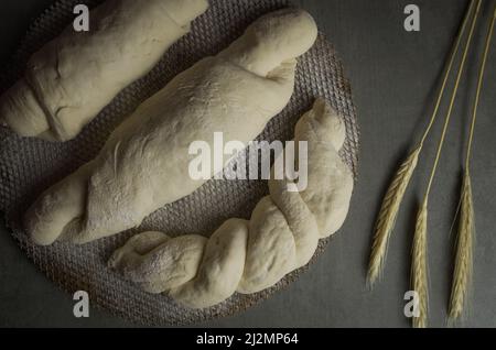 Pain de levain fermentant, fond gris avec fleur de blé séchée Banque D'Images