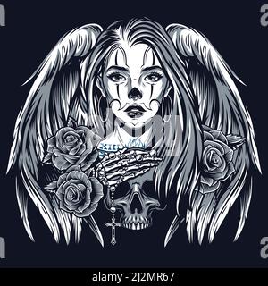 Chicano tatouage vintage concept avec belle fille avec ailes d'ange roses squelette main couché sur le crâne dans le style monochrome isolé illustrateur de vecteur Illustration de Vecteur