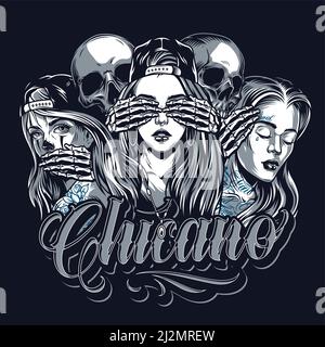 No Evil Monkeys chicano tattoo template avec squelettes couvrant les yeux oreilles bouche de trois belles filles dans le style vintage isolé illustration vectorielle Illustration de Vecteur
