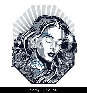 Chicano tatouage vintage modèle avec triste belle fille crâne roses et des porte-fusées en laiton sur une illustration vectorielle isolée à arrière-plan radial Illustration de Vecteur