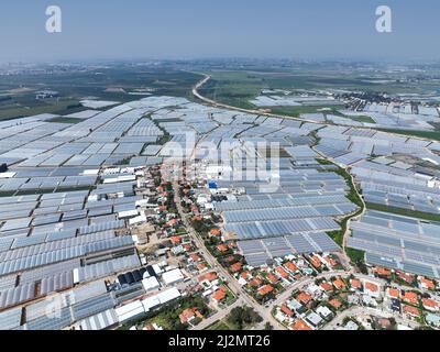 Agriculture de serre, vaste terrain utilisé pour l'agriculture de serre, vue aérienne. Banque D'Images