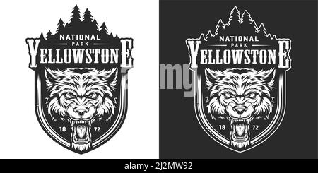 Emblème vintage du parc national de Yellowstone avec tête de loup féroce en colère et illustration vectorielle isolée du paysage forestier Illustration de Vecteur