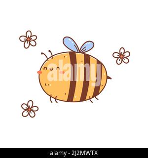 Abeille volante mignonne parmi des fleurs isolées sur fond blanc. Illustration vectorielle dessinée à la main dans le style kawaii. Idéal pour les cartes, les imprimés, les t-shirts et les affiches Illustration de Vecteur