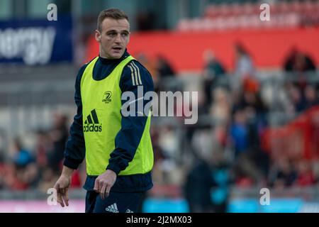 Limerick, Irlande. 02nd avril 2022. Nick McCarthy, de Leinster, lors du match de rugby 15 du championnat de rugby de Munster et Leinster Rugby au parc Thomond de Limerick, Irlande, le 2 avril 2022 (photo par Andrew SURMA/ Credit: SIPA USA/Alay Live News Banque D'Images