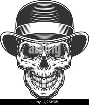 crâne dans le chapeau de melon. Illustration vectorielle vintage Illustration de Vecteur