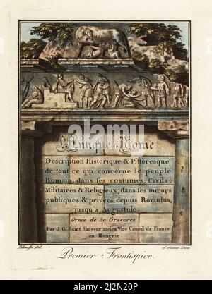 Page de titre calligraphique avec bas-relief de scènes de l'histoire romaine montrant Romulus et Remus avec un loup et l'enlèvement des femmes Sabines. Première frontière. Coperplate de couleur main dessinée et gravée par L. Labrousse, artiste de Bordeaux, sous la direction de Jacques Grasset de Saint-Sauveur de son antique Rome, ou description historique et pitoresque, Rome antique, ou description historique et pittoresque, chez Deroy, Paris, 1796. Banque D'Images