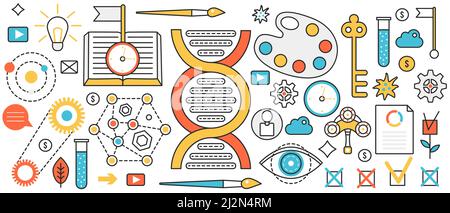Recherche scientifique technologie et exploration. Résumé processus d'étude en laboratoire de l'ADN, des atomes et des molécules, analyse avec les scientifiques équipement dans l'infographie concept bannière, la conception de l'art en ligne mince Illustration de Vecteur