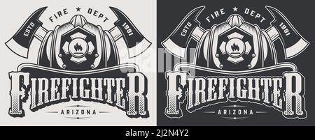 Emblèmes vintage de lutte contre les incendies avec cires de pompier croisées et casque dedans illustration vectorielle isolée de style monochrome Illustration de Vecteur