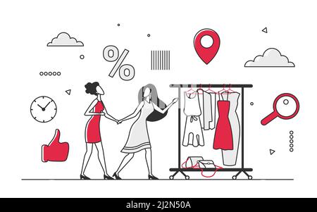 Réduction saisonnière sur les boutiques de mode. Offre spéciale de vente de vêtements, magasin d'usine vecteur monocolor illustration Illustration de Vecteur