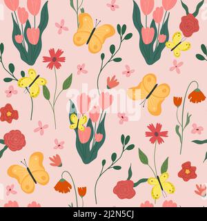 Motif fleuri sans couture. Arrière-plan fleuri brillant avec imprimé fleurs et fleurs. Illustration vectorielle plate colorée pour textile. Texture répétée Illustration de Vecteur