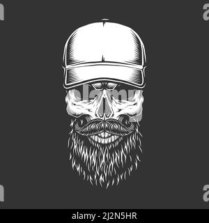 Crâne monochrome vintage en casquette de baseball avec barbe et moustache illustration vectorielle isolée Illustration de Vecteur