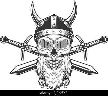 Crâne viking à barbe vintage en casque à cornes avec épées croisées illustration vectorielle isolée sur fond blanc Illustration de Vecteur