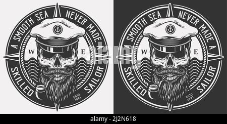 Logo marin monochrome vintage avec capitaine de mer barbu et moustaché illustration du vecteur isolé du crâne dans un chapeau de pipe à fumer Illustration de Vecteur