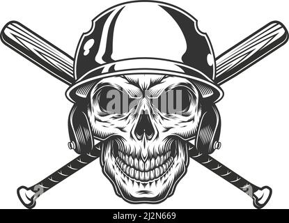 Crâne monochrome vintage dans un casque de base-ball avec battes croisées isolées illustration vectorielle Illustration de Vecteur