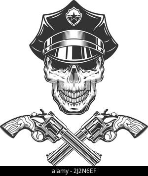 Crâne monochrome vintage en chapeau de police avec pistolets croisés isolés illustration vectorielle Illustration de Vecteur