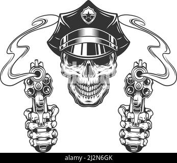 Crâne vintage en chapeau de police et mains squelette tenant des pistolets illustration vectorielle isolée Illustration de Vecteur