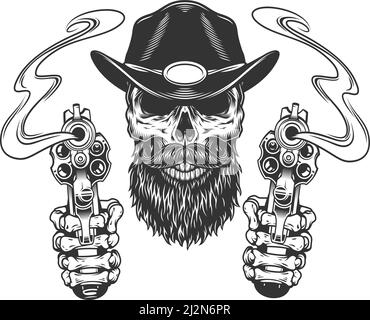 Crâne de shérif vintage barbu et moustaché avec mains de squelette illustration vectorielle isolée par pistolets Illustration de Vecteur