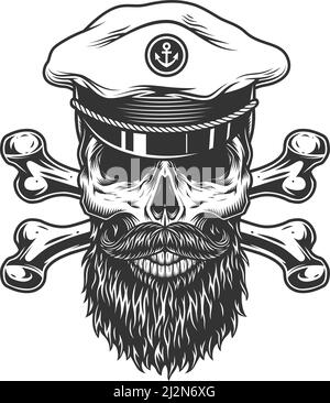 Crâne vintage barbu et moustaché en chapeau de capitaine de mer avec illustration vectorielle isolée crossbone Illustration de Vecteur