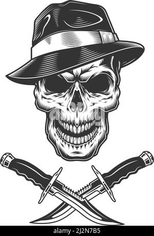Crâne de gangster portant chapeau fedora avec couteaux croisés dans vintage illustration vectorielle isolée de style monochrome Illustration de Vecteur
