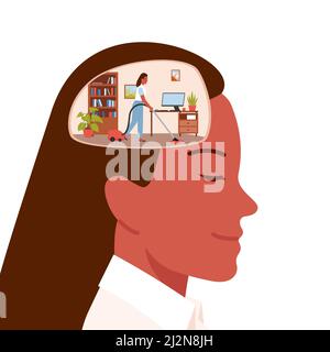 Femme avec un aspirateur de salle d'aspiration à l'intérieur de la tête de femme, purification de l'espace intérieur Illustration de Vecteur