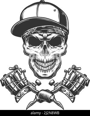 Crâne en bandana et casquette de baseball avec machines de tatouage croisées illustration vectorielle isolée de style monochrome vintage Illustration de Vecteur